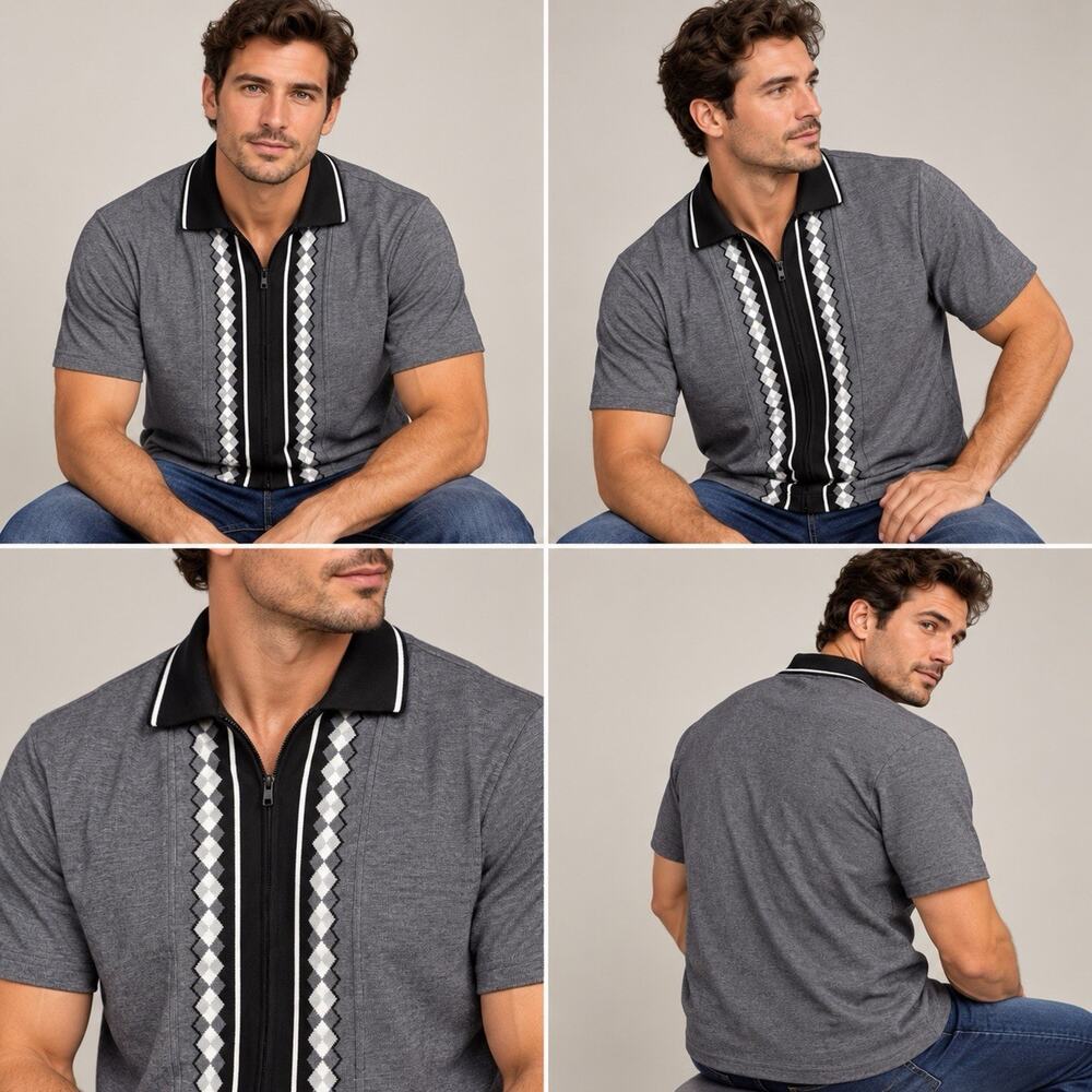 Viking USA Zip Front Shirt Mens Gray Black Argyle Short Sleeve Collared XXL